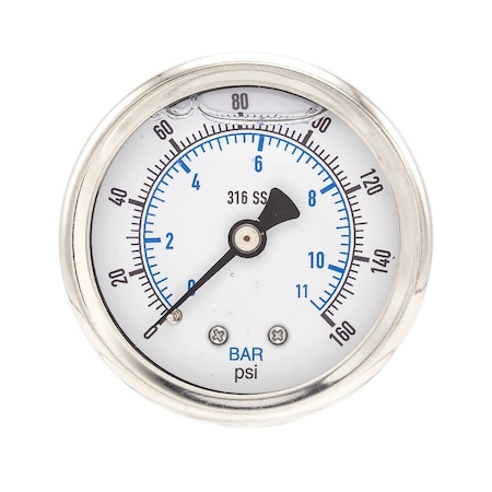 Pro 2 in Dial, 0/160 PSI & Bar, 1/4 in NPT, Back Mount Glycerin Filled Pressure Gauge PRO-302L-204F-01